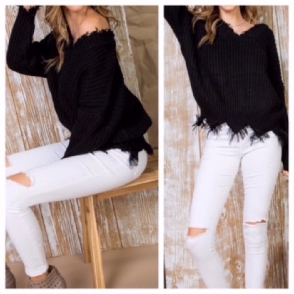 Cozy Black v neck Frayed Hem knit Sweater Top - Picture 6 of 9